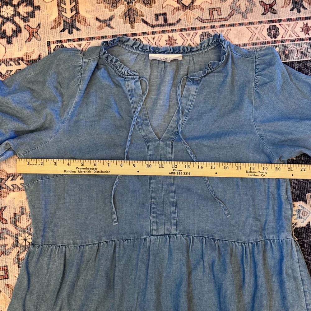 LOFT Linen Blend Blue Denim Tiered Short Sleeve Dress Size Large - Picture 7 of 9